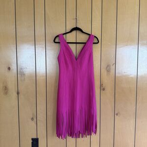 Tadashi Shoji Pink Fringe Hem Dress Fuchsia Magenta Sweetheart Neck Mini Size 8